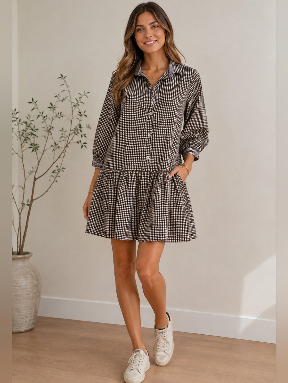 Gretchen Scott Tiered Checkers Print Oversize Dress XS
